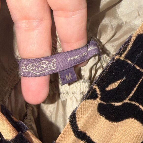 Hale Bob Burnout Velvet Boho Top Tie Shoulder Black Tan Floral Elastic Waist M - Picture 6 of 11